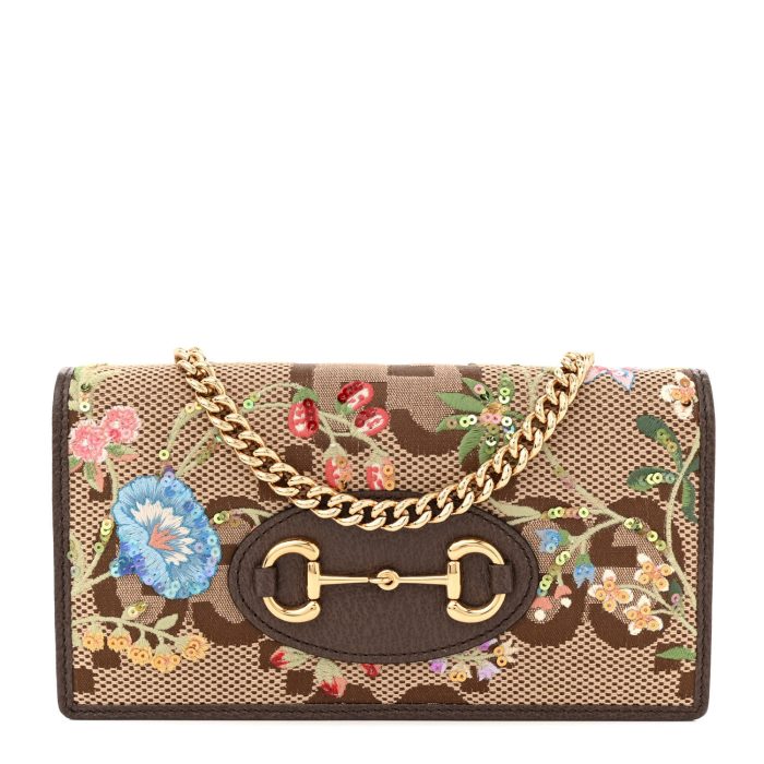 Gucci  Monogram Jumbo GG Textured Dollar Calfskin Embroidered Horsebit 1955 Wallet On Chain Camel Ebony New Acero Multicolor