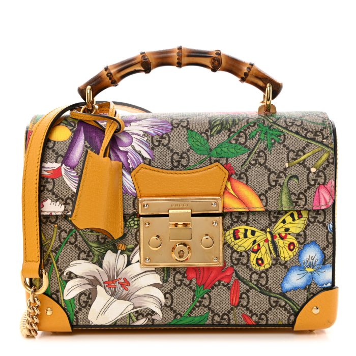 Gucci  GG Supreme Monogram Flora Small Padlock Bamboo Shoulder Bag Beige Multicolor Crop