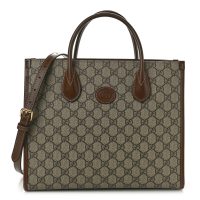 Gucci  GG Supreme Monogram Azalea Calfskin Small Retro Interlocking G Tote Bag Beige Ebony Brown Sugar