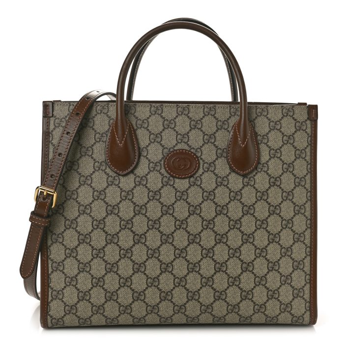 Gucci  GG Supreme Monogram Azalea Calfskin Small Retro Interlocking G Tote Bag Beige Ebony Brown Sugar