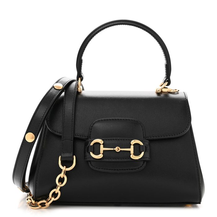 Gucci  Glazed Textured Calfskin Mini Horsebit 1955 Top Handle Flap Bag Black