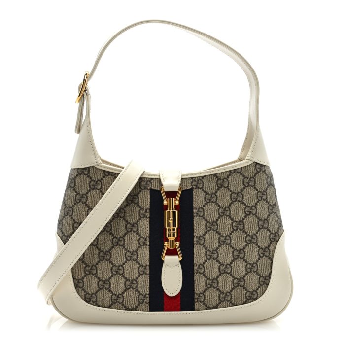 Gucci  GG Supreme Monogram Azalea Calfskin Web Small Jackie 1961 Hobo Beige Ebony Mystic White