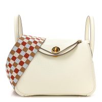 Hermes  Taurillon Clemence Maxi Quadrille Mini Lindy 20 Mushroom Chai Nata Bleu Brume