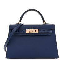 Hermes  Madame Calfskin Shiny Alligator Mini Kelly Sellier Touch 20 Bleu Encre