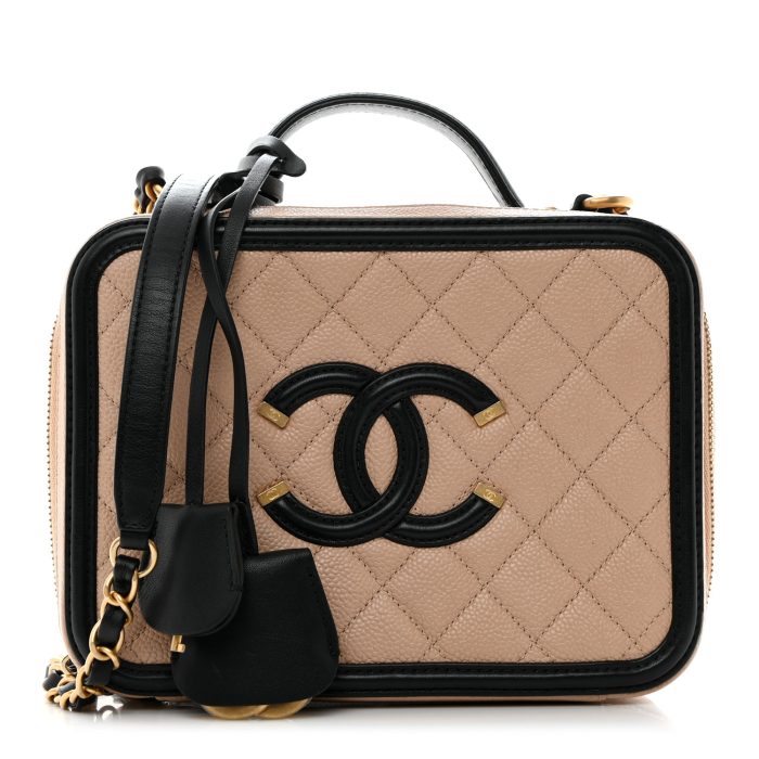 Chanel  Caviar Quilted Medium CC Filigree Vanity Case Beige Black