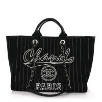 Chanel  Canvas Calfskin Striped Medium Deauville Tote Black White