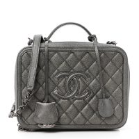 Chanel  Metallic Caviar Quilted Medium CC Filigree Vanity Case Dark Silver