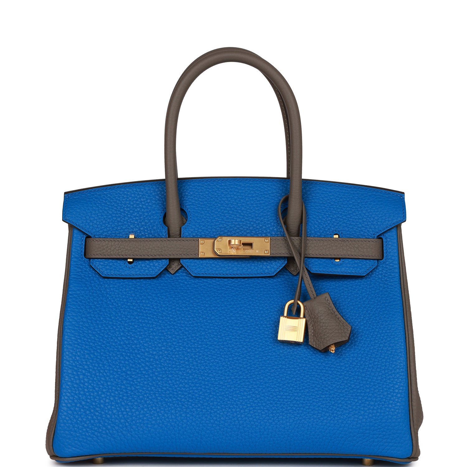 Hermes Special Order (HSS) Birkin 30 Bleu Electric and Etain Clemence Brushed Gold Hardware