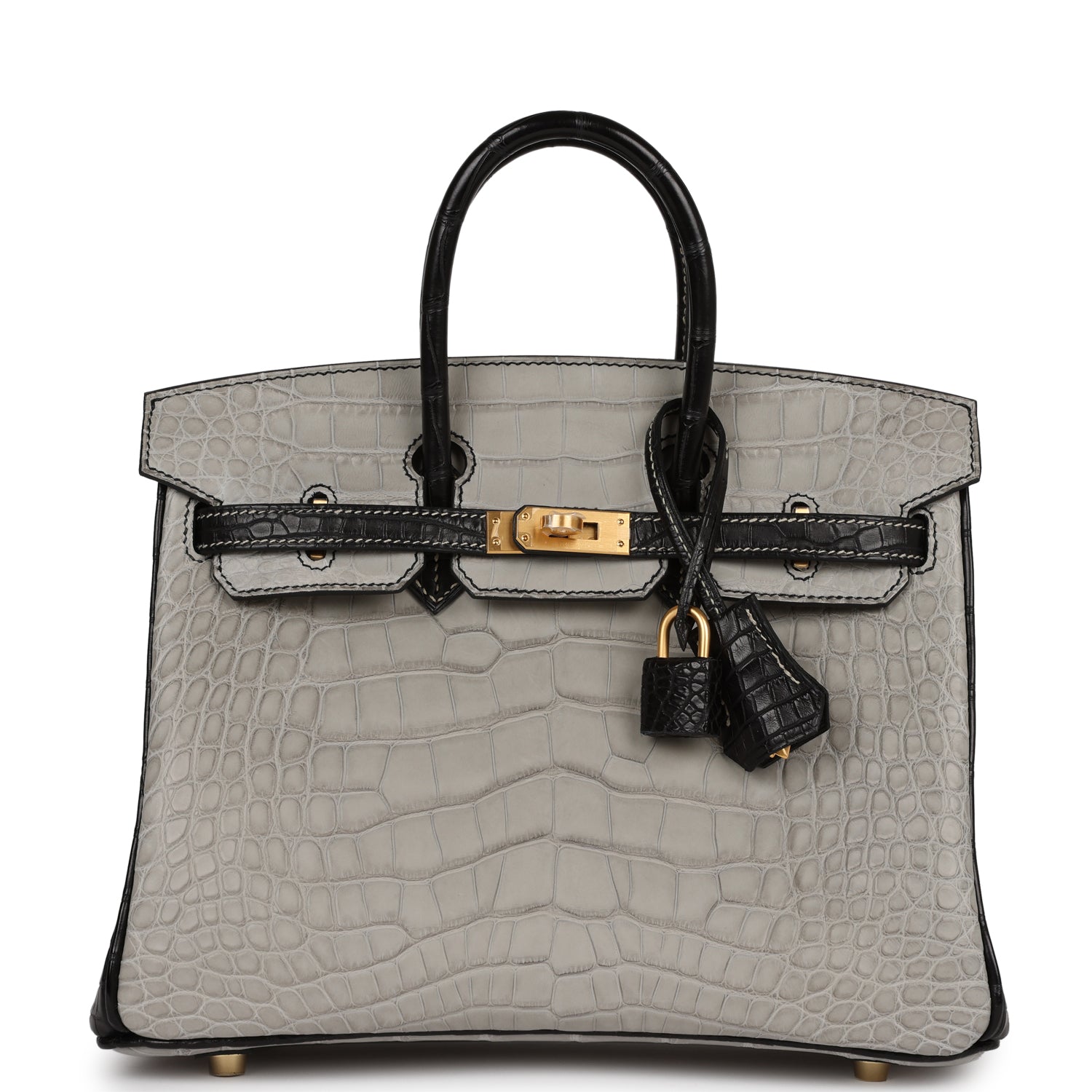 Hermes Special Order (HSS) Birkin 25 Gris Perle and Black Matte Alligator Mississippienis Brushed Gold Hardware