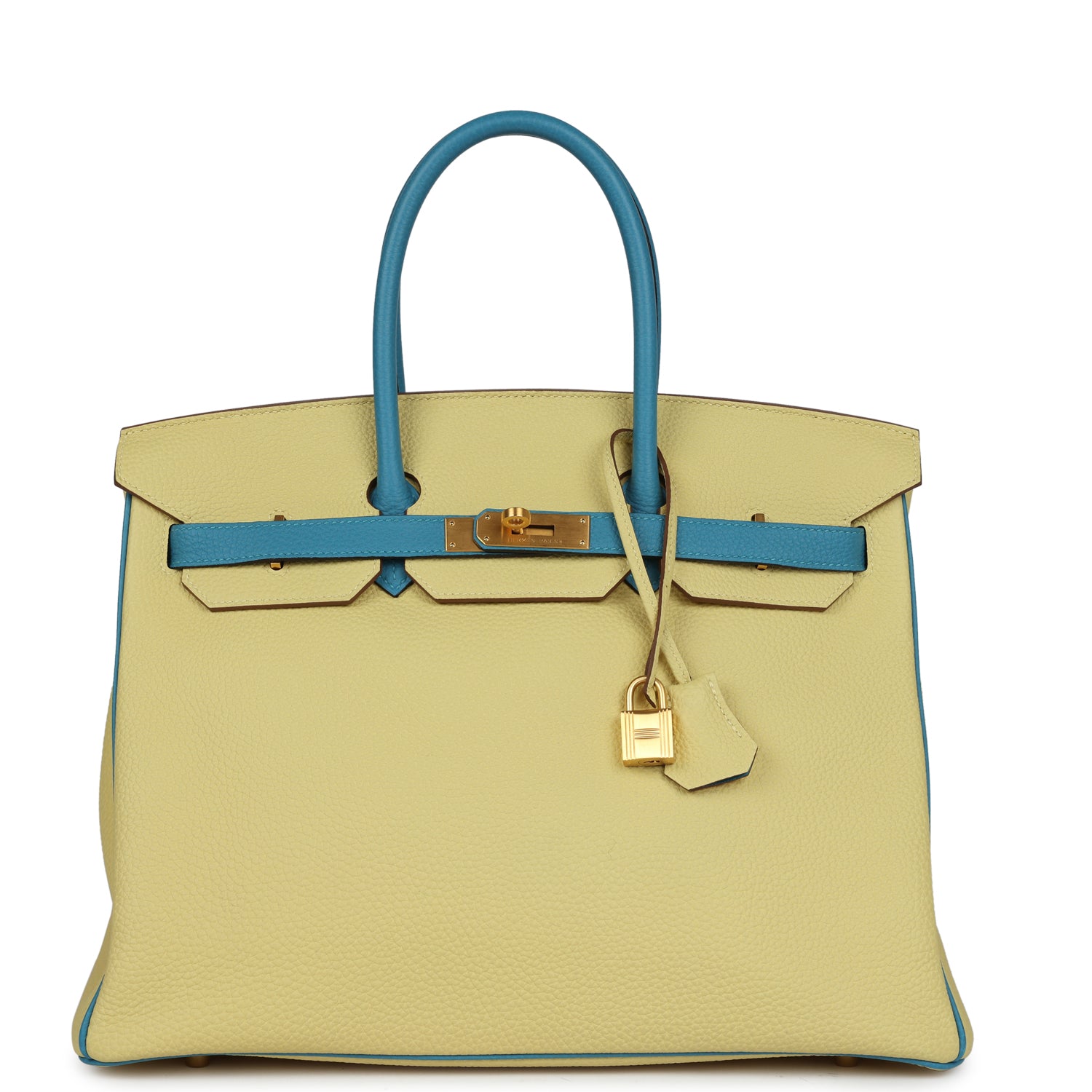 Hermes Special Order (HSS) Birkin 35 Jaune Poussin and Bleu Paradise Togo Brushed Gold Hardware