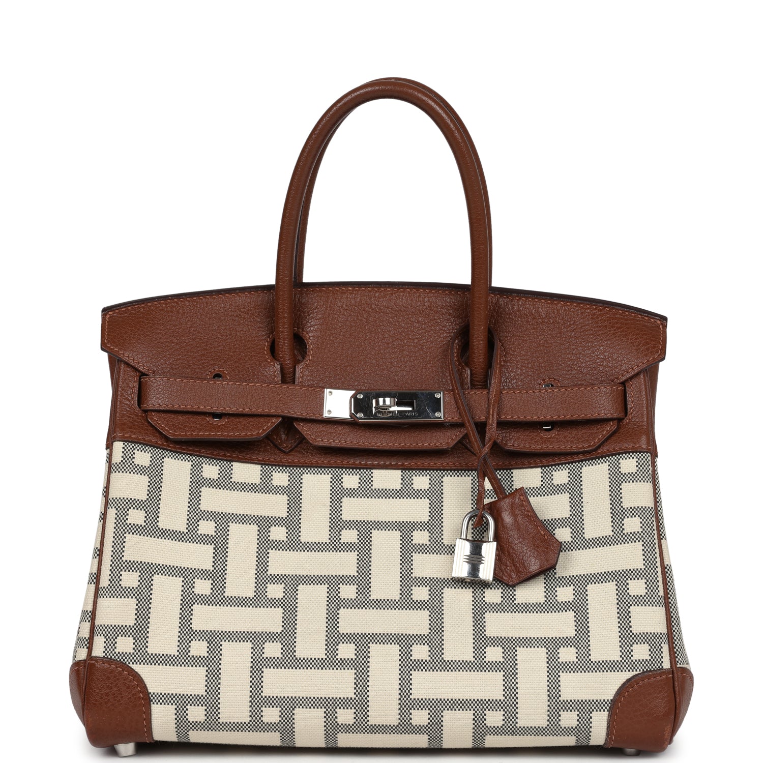 Hermes Birkin 30 Marron D'Inde Buffalo and Mosaique Canvas Palladium Hardware