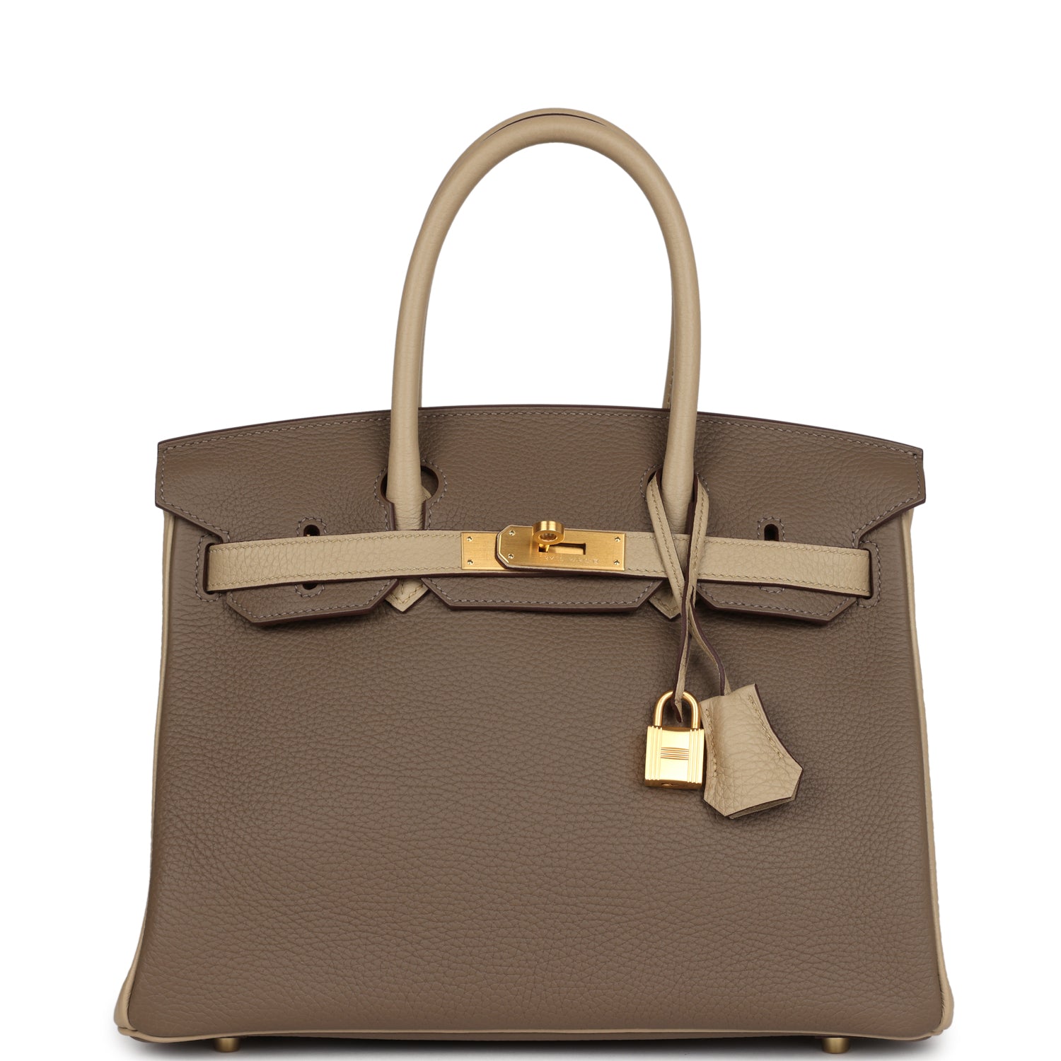 Hermes Special Order (HSS) Birkin 30 Bi-Color Gris Tourterelle and Etoupe Clemence Brushed Gold Hardware