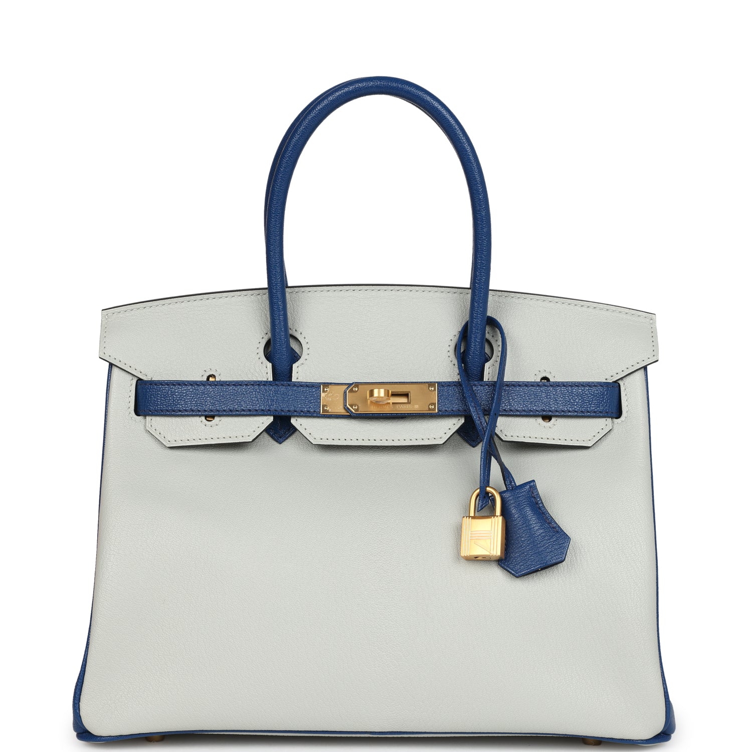 Hermes Special Order (HSS) Birkin 30 Gris Perle and Bleu Saphir Chevre Brushed Gold Hardware