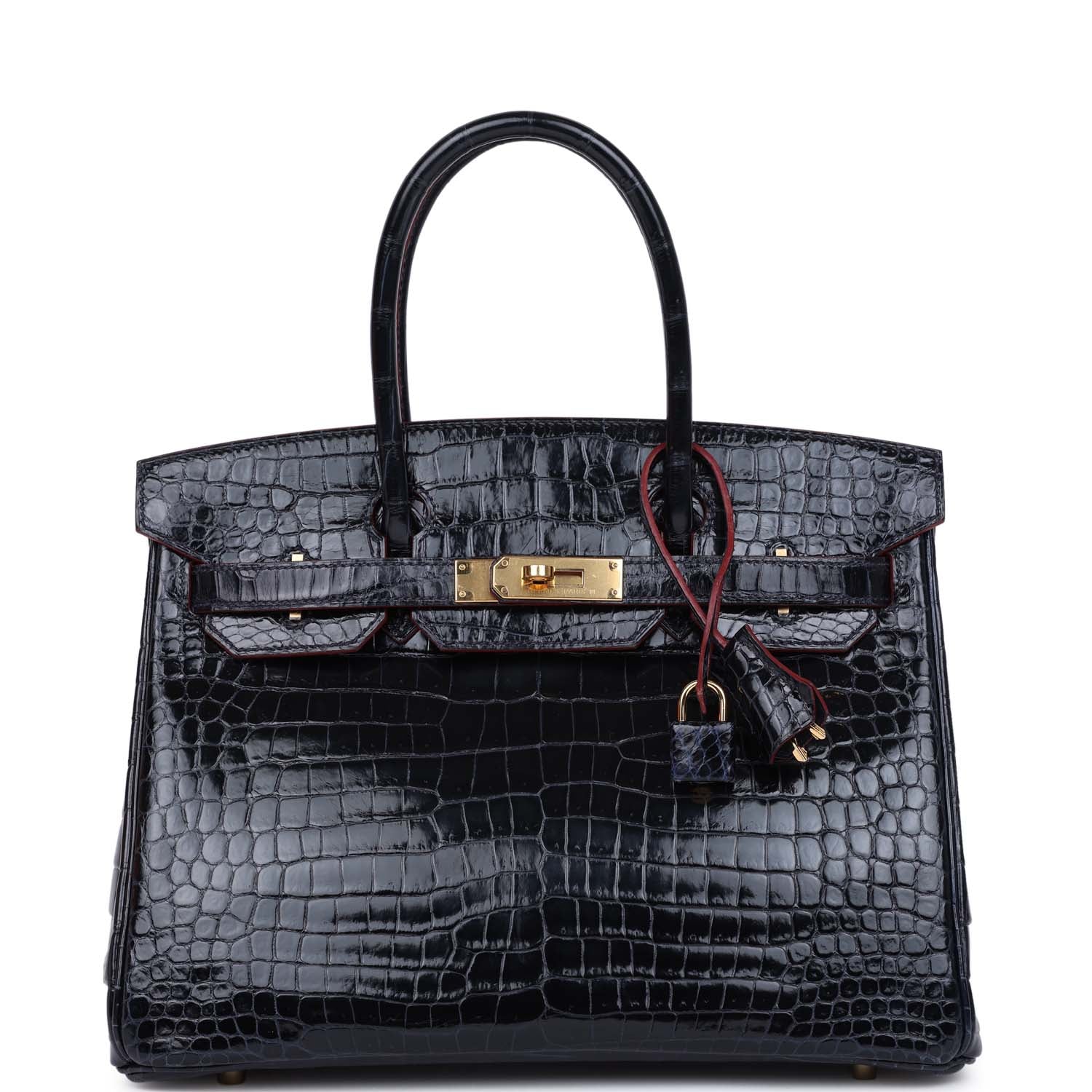 Hermes Birkin 30 Bleu Marine and Rouge H Contour Shiny Porosus Crocodile Gold Hardware