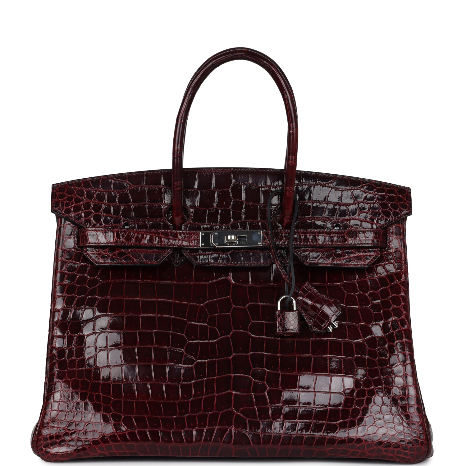 Hermes Birkin 35 Bordeaux Shiny Porosus Crocodile Palladium Hardware